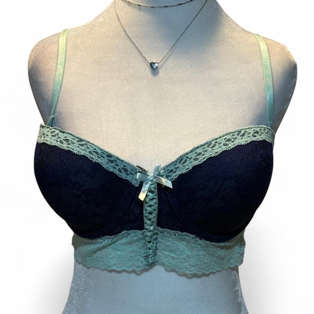 Jessica Simpson Long Line Lace Trimmed Navy and Turquoise Corset Accent Size 38C